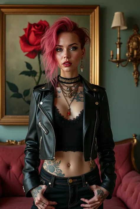 in a room a beautiful punk woman full body and a painting on the wall of a Red rosebud 