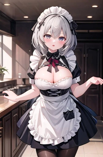 One girl, Acheron (Honkai: Star Rail), Alone, Maid, Maid headdress, Maid apron, empubrassed, pantyhose, Opening your mouth makes your cheeks red, I parted my lips, View Viewer, Cowboy Shot, pub(place), indoor, Depth of written boundary,Large Breasts