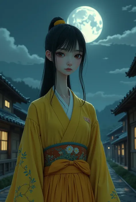 Scène de Yuki une jeune femme au très long cou habiller en habit traditionnel japonais jaune quittant le village sous la lumière de la lune, avec une expression de tristesse et de désespoir. Les maisons du village sont visibles en arrière-plan, dans une at...