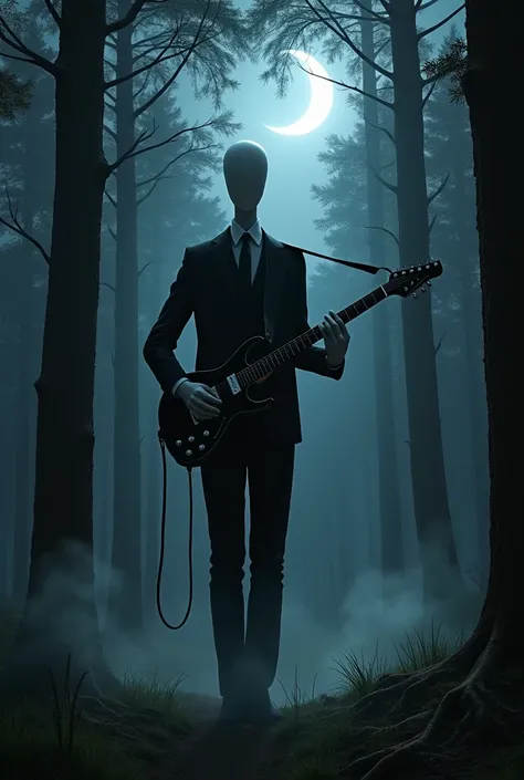 Make Slenderman in a suit playing rock guitar in a pine forest on a dark night