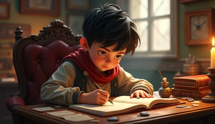 Create an image of a young boy sitting at a desk, deeply focused on writing in an open book. The scene should capture the details of the desk, including scattered stationery, and a warm, cozy atmosphere with soft lighting. The boys expression should reflec...