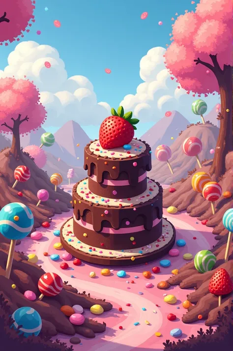 Um background de terra dos doces, with the theme of chocolate cake, with strawberry topping and various decorations on top, like lollipops, sweets and icing. Made in pixel art