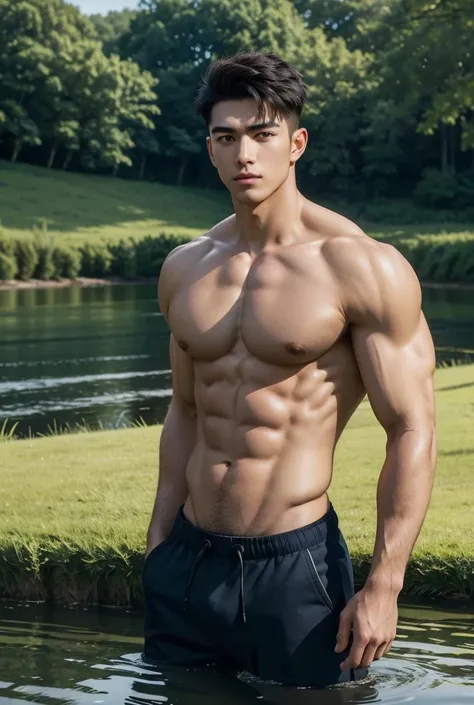 UHD, A slow-moving stream meanders through the countryside, where a lean, shirtless man with a toned physique stands by the water’s edge. His hands rest on his hips as he gazes out over the landscape, his muscular chest glowing in the soft sunlight. His ca...