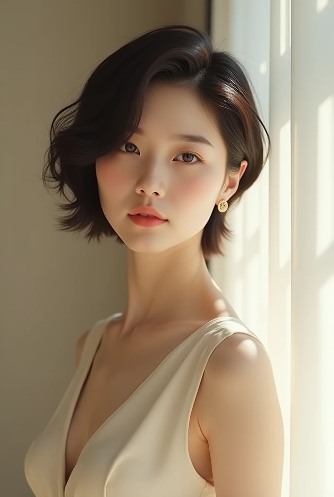 Beautiful korean girl in short hair and western dress 