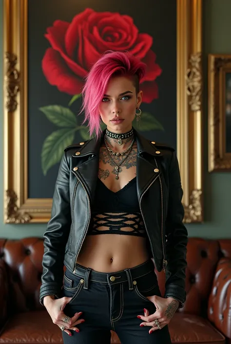 in a room a beautiful punk woman full body and a painting on the wall of a Red rosebud 