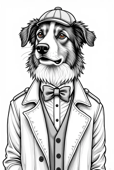 Show me a Border Collie male as Dr Watson as a coloring page in black and white 