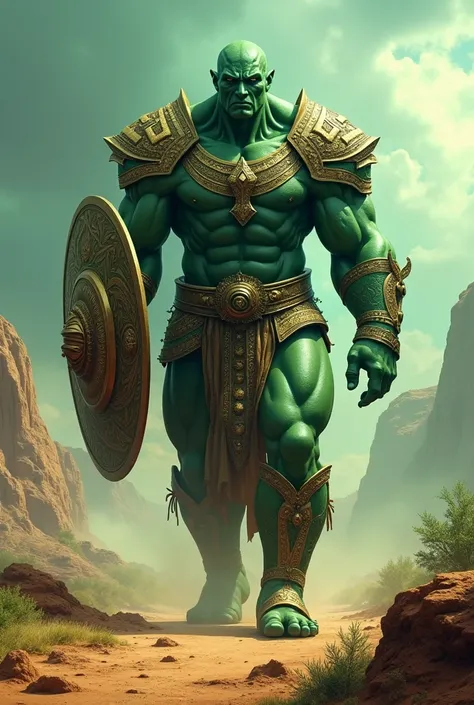 A green giant wearing a shield walking a cross Africa continent 