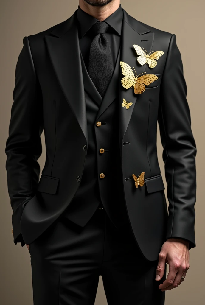 A photo realism of mens black suit with gold butterfly details