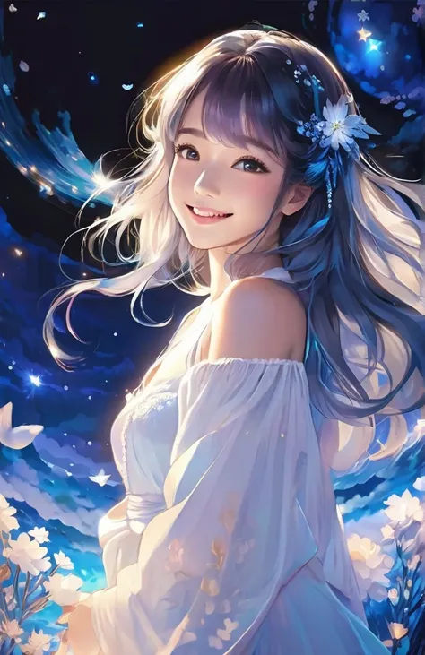 １people々，白people々woman，blue night，Dreaming of abundance，Sacred atmosphere，masterpiece, Anime-style oil painting, Wide-angle shot, smile，Tyndall effect, Akoyane, Holographic White,Illustration effect for posters and magazines, Character design drawings,