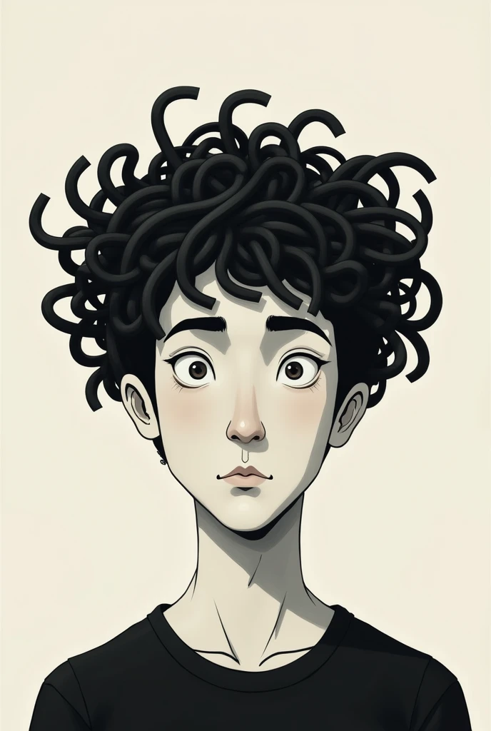 surrealism art, a man with pasta as hair, simple, 2d, black hair, black pasta