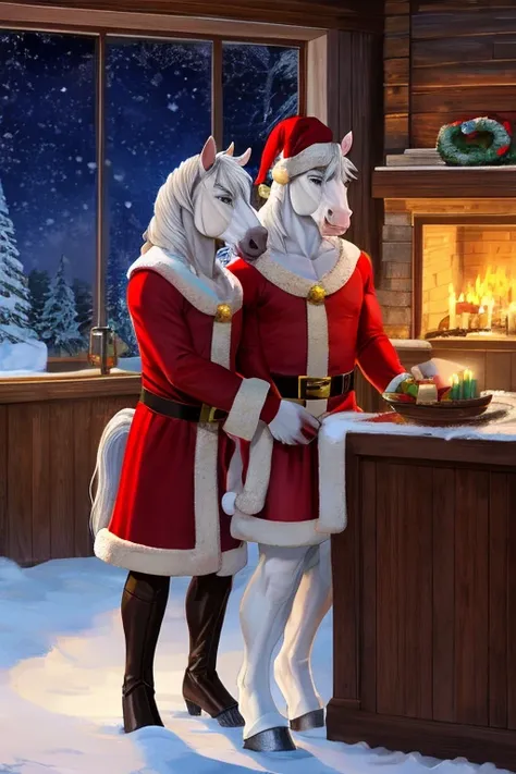 Pure white mare and foal　Thoroughbred parent and child　white christmas night　A pure white horse dressed as Santa Claus　Foal dressed as Santa Claus　Horse parent and child　A pure white horse wearing a Santa Claus costume　A silvery white Christmas　Not on eart...