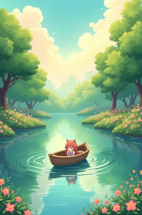 Generate a trending anime-style image that conveys peace and tranquility. Show a serene landscape featuring a calm lake with gentle ripples, surrounded by lush green trees and vibrant flowers. Include a small, cozy wooden boat floating on the lake with a c...