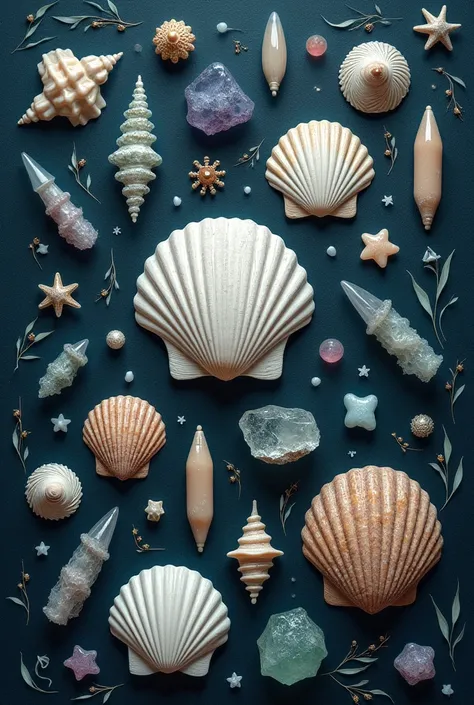 Design a mystical design, where hand-selected Sanibel shells are paired with whimsical crystals and charms. The layout should have a dreamlike quality, with flowing lines and soft color that enhances the magical pattern, beach atmosphere, Dark theme