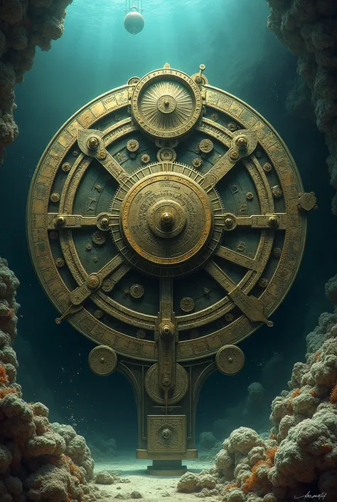 Artistic rendering of the Antikythera mechanism, portraying its complexity and sophistication, as if discovered in an ancient underwater excavation, with an aura of mystery and technological marvel."