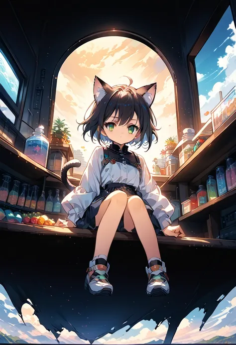 anime girl with cat ears sitting on a shelf and looking at the sky, anime drawings, inspired by makoto shinkai, trending on pixi...