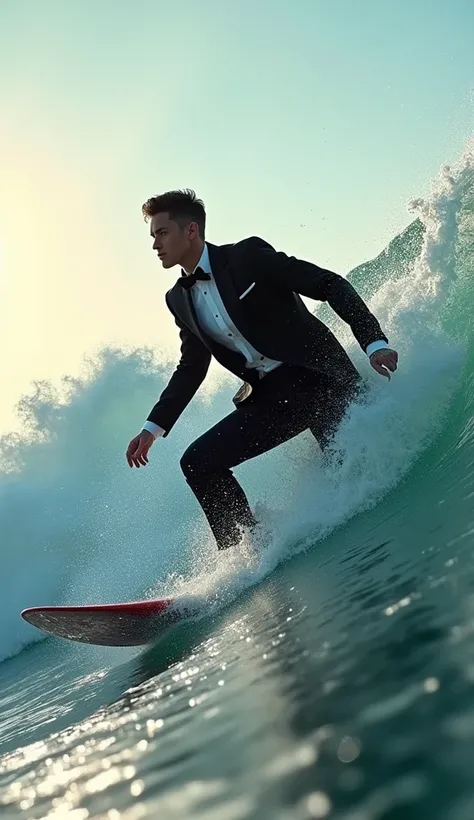 Professional photography, photo of a young man wave surfing on the wave, he wearing tuxedo, he is a fashionista, professional posing, light flare, dramatic light