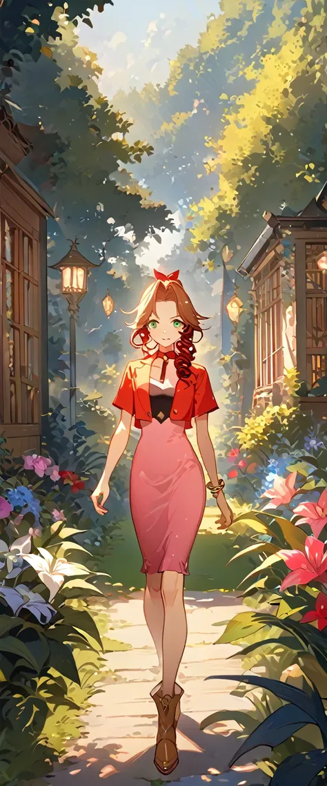 masterpiece, best quality, 8k, 4k, 1girl, aerith gainsborough, brown hair, high middle bang, longer side curly bang, long tight curly ponytail, green eyes, red hair ribbon, red bolero jacket, short sleeve jacket, cropped jacket, black tie choker, long pink...