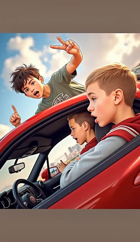 a boy sticking his head out of a red and black car window showing middle finger, 2 boys sitting in realistic detailed car interior, photorealistic, ultra-detailed, hyper-realistic, intricate details, dynamic lighting, dramatic shadows, cinematic lighting, ...