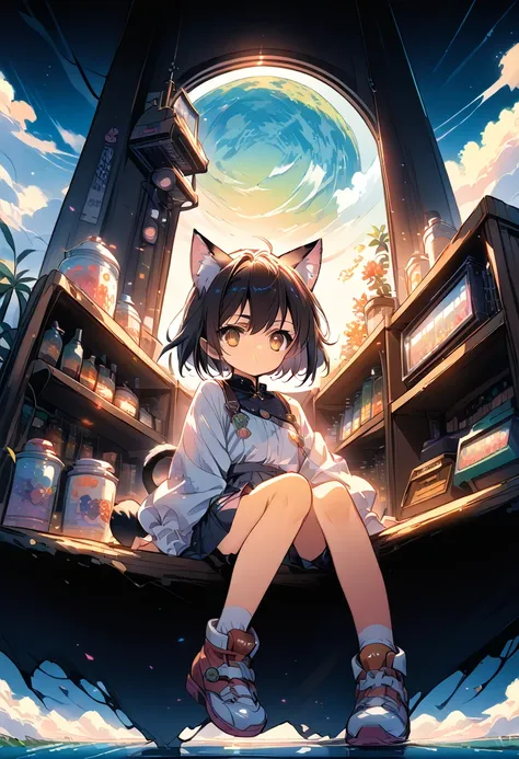 anime girl with cat ears sitting on a shelf and looking at the sky, anime drawings, inspired by makoto shinkai, trending on pixi...