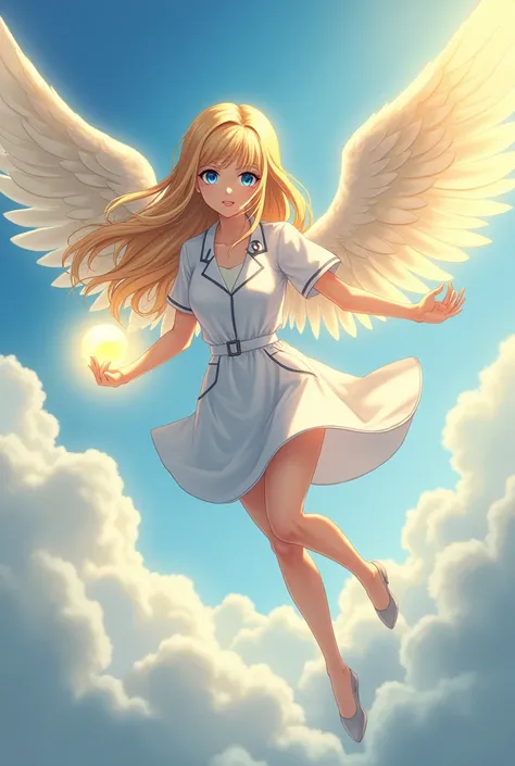 a gorgeous anime young woman have long angular face shape with long, blonde hair and bright blue eyes. She is wearing a white coat and skirt, reminiscent of a medical uniform, and has Very large, feathered wings on her back, suggesting angelic qualities. S...