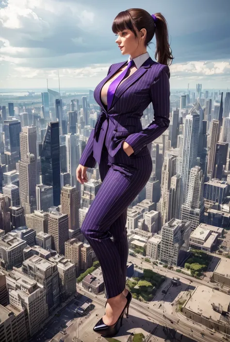 A young mother and her two daughters aged 18 and 20 each taller than 7 foot all wearing gray pinstriped trouser suits, white shirts heels and a larger paisley necktie. Large breast giantess art tiny city Young adult 1 woman, beautiful curves a massive curv...