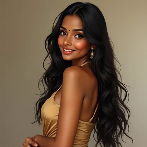 Create a photorealistic image of an 1 Indian woman with a beautiful and traditional Indian face. She has long, flowing black hair, cascading down her back. Her skin tone is warm and glowing, with deep brown eyes that reflect grace and confidence. She has f...