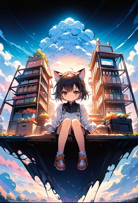 anime girl with cat ears sitting on a shelf and looking at the sky, anime drawings, inspired by makoto shinkai, trending on pixi...