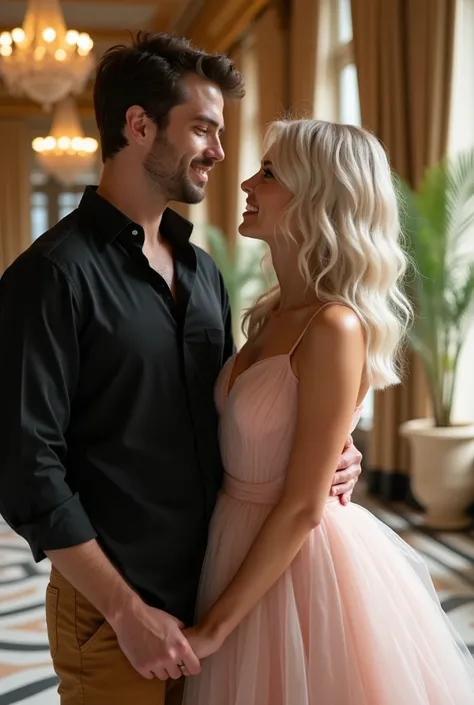 handsome guy hair brunette blonde wore black shirt tan black pants his beautiful girlfriend hair platinum blonde white skin wore light midi boy pink wonderful dress puffy real human photo wedding hall hand in hand face shot