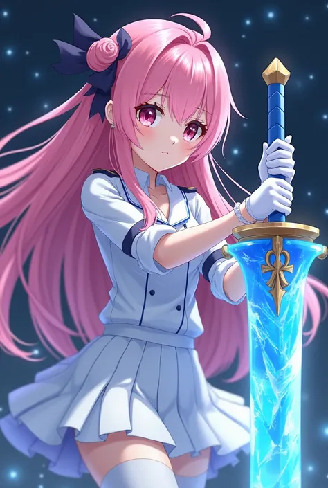 Night，Pink long hair anime girl，White short-sleeved school uniform，White pleated skirt，White gloves，white pantyhose，Ice Western Sword