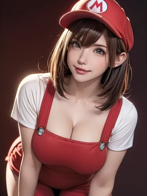 1 girl, (girl cosplaying as mario, a girl dressed as mario has brown short bob hair and brown big eyes:1.4, super cute slightly ...