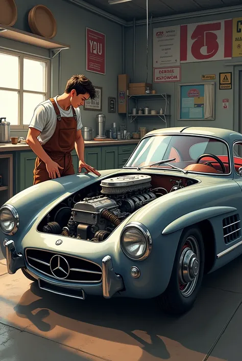 Mercedes rocket 1000 old model grey in machanic garage anime style with a boy machanic