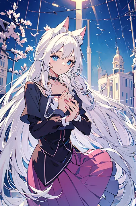 beauty、cute、delicate、long white hair、cat ears