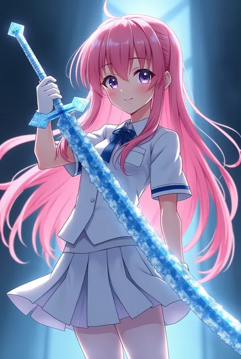 Night，Pink long hair anime girl，White short-sleeved school uniform，White pleated skirt，White gloves，white pantyhose，Ice Western Sword