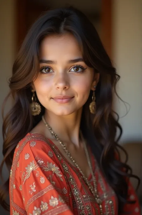 Beautiful Pakistani 20 year old girl brown hair black eyes cute glowing face tight shalwar kameez full body in top of home background blur 