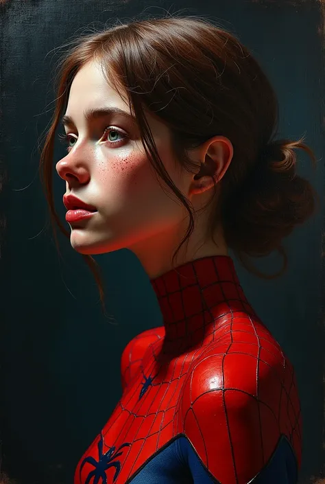 Textured Still Life comic masterpiece, dark backing, beautiful spiderGIRL, close up, freedom, freckles, approaching perfection, silhouette painting, artstation, sharp focus, art by norman rockwell and mark ryden, unique, award winning, masterpiece