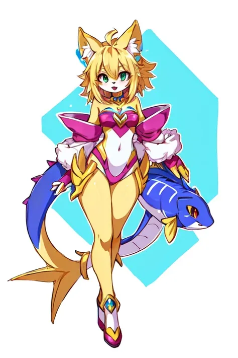 drawing of a cartoon character with a cat and a fish, glamorous angewoman digimon, full color drawing, colored drawing, high quality colored sketch, coloured line art, full body adoptable, colored sketch, complex fantasy character, fully colored, character...