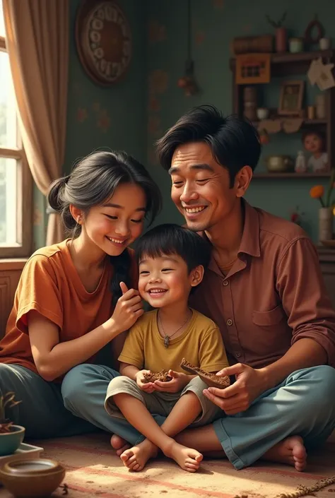 Write me a prompt generat image of a happy poor family in his home 



