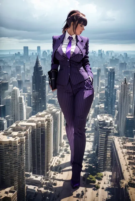 A young mother and her two daughters aged 18 and 20 each taller than 7 foot all wearing gray pinstriped trouser suits, white shirts heels and a larger paisley necktie. Large breast giantess art tiny city Young adult 1 woman, beautiful curves a massive curv...