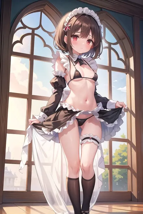 Beautiful illustrations、(Maid Costume:1.2), arched back、Tiara,((See-through)),Navel exposure、Underbust、((Micro Bikini)),Frilled Skirt,(masterpiece、Best Quality、8k ), (Beautiful details), Highly detailed face, Perfect lighting, Highly detailed CG, (Perfect ...