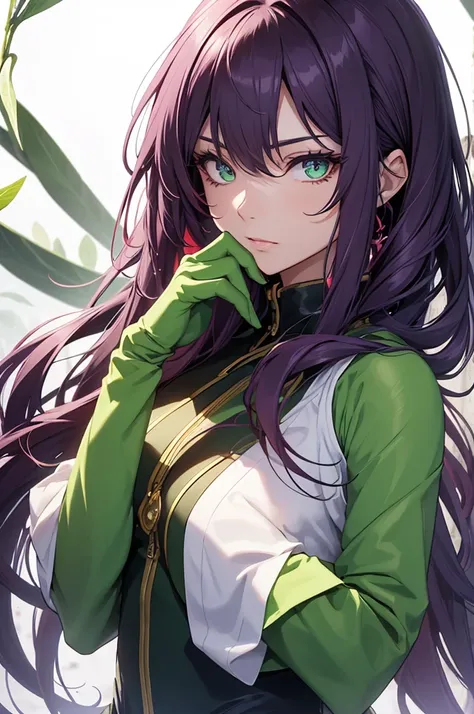 Create a vibrant anime-style female character with long, flowing, dark hair that fades into shades of purple and red. She has striking, glowing green eyes that seem almost supernatural. Her expression is calm yet intense, as she gracefully touches her face...