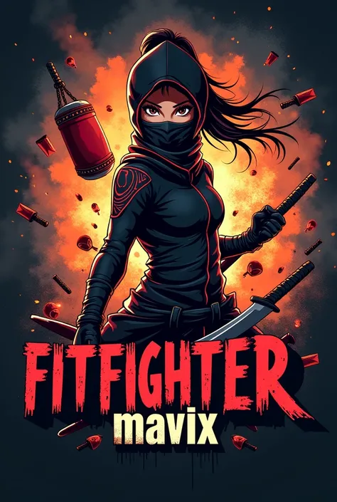 Make a logo with Ninja style theme with Ninja girl in  the background explosion some sword and boxing bag use the text of fitfighter mavix 