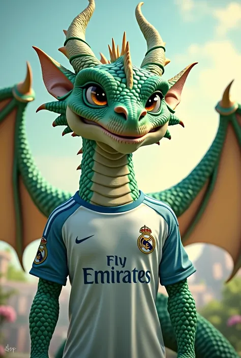 A green dragon looking at the camera, dressed in a real madrid shirt, Efeitos, Disney style, pg soft