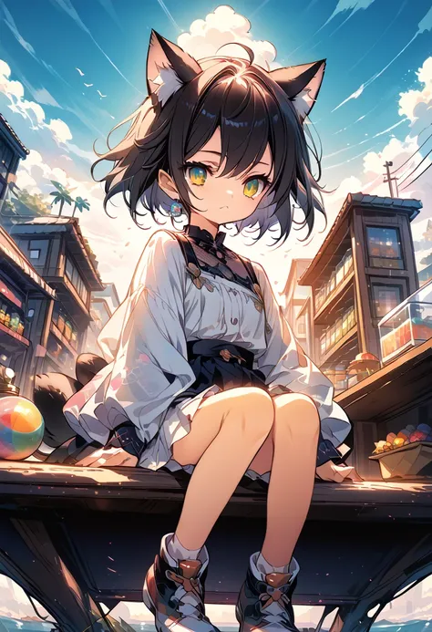 anime girl with cat ears sitting on a shelf and looking at the sky, anime drawings, inspired by makoto shinkai, trending on pixi...