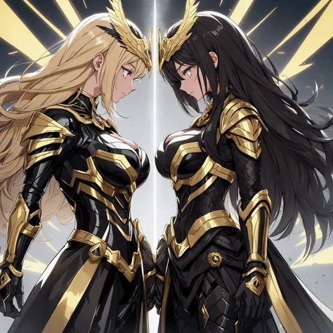 2 anime 25 years women, twins same face. One woman has golden metallic armor, (with a pair of golden mechanized metallic wings), golden metallic talons on knees, golden metallic falcon half helmet beak revealing face, glowing light-yellow stone enchased in...