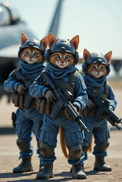 Bipedal kitten、Kitten Cat Beastman、Close to human、Wearing blue camouflage clothing、Background of the airfield、Background of the US Air Force Base、Ar15 machine gun in hand、(複数の黒いKitten Cat Beastmanが4人いる)、Background with F15 fighter jets、Wearing a helmet wit...