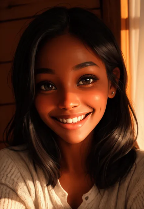 a beautiful young woman, (mouth very wide open and smiling), eyes  wide Open