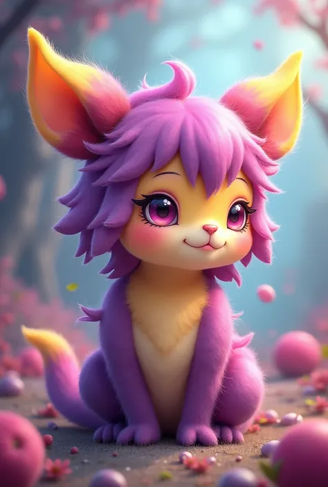 A cute small humanoid creature with plum fruit components, detailed facial features, whimsical fantasy style, vibrant colors, chibi vector anime art style. Has purple and yellow as its component. Long hair, furry-like.