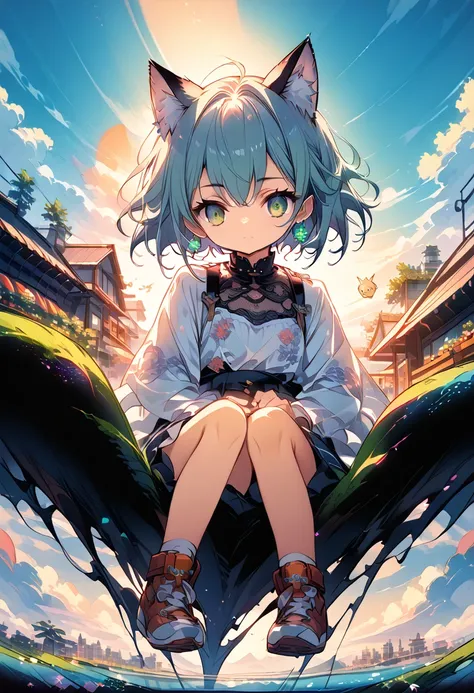 anime girl with cat ears sitting on a shelf and looking at the sky, anime drawings, inspired by makoto shinkai, trending on pixi...