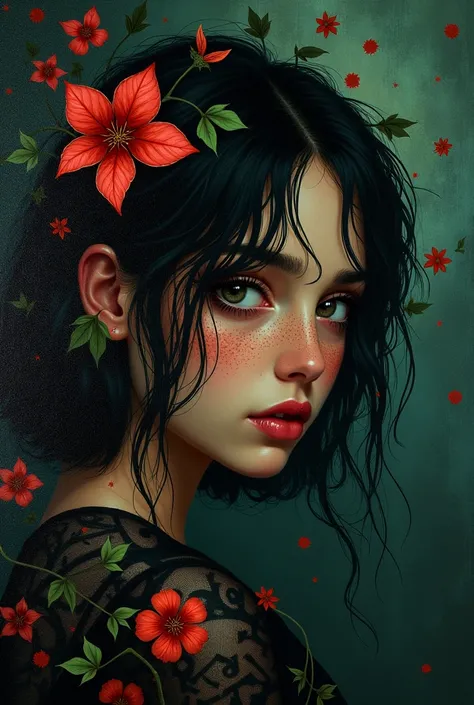 Textured Still Life comic masterpiece, dark backing, beautiful “Poison Ivy”, close up, freedom, freckles, approaching perfection, silhouette painting, artstation, sharp focus, art by norman rockwell and mark ryden, unique, award winning, masterpiece, (((mo...