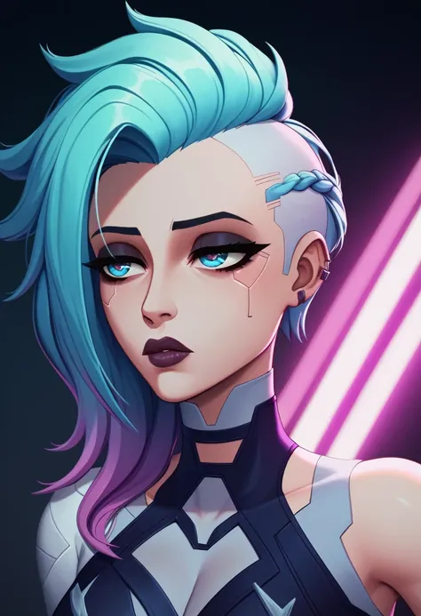 a female character in league of legends, braid, straight bangs, punk goth style clothes, dark skin, light blue tired eyes, very ...